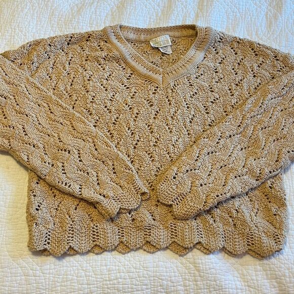 Vintage Open Knit Scalloped V Neck Cotton Cottagecore Sweater Beige Tan Medium - Picture 4 of 8